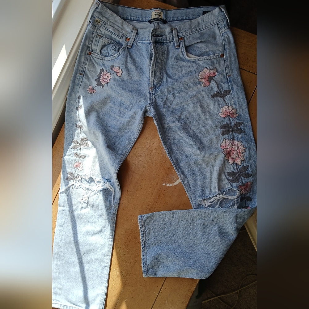 Citizens Of Humanity Light Blue Jeans with Emboidered  Pink Floral Accents